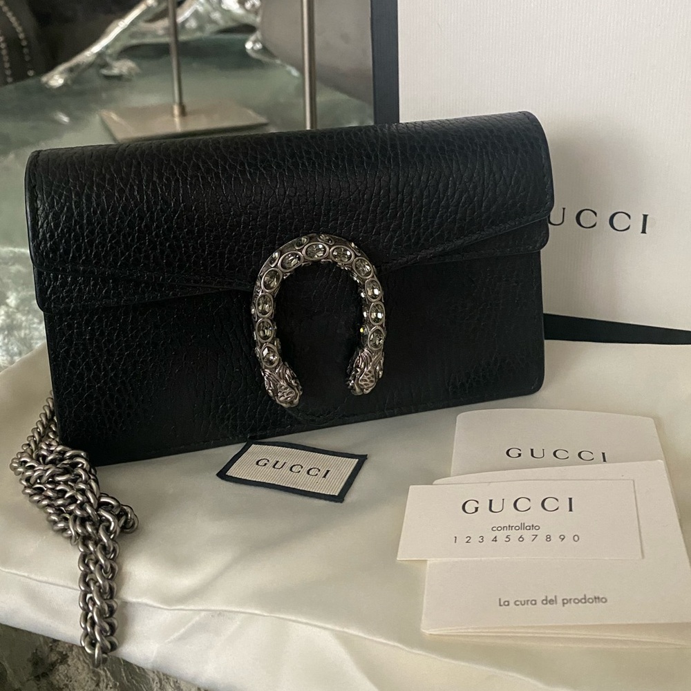 Gucci Dionysus black leather super mini bag, authentic EUC